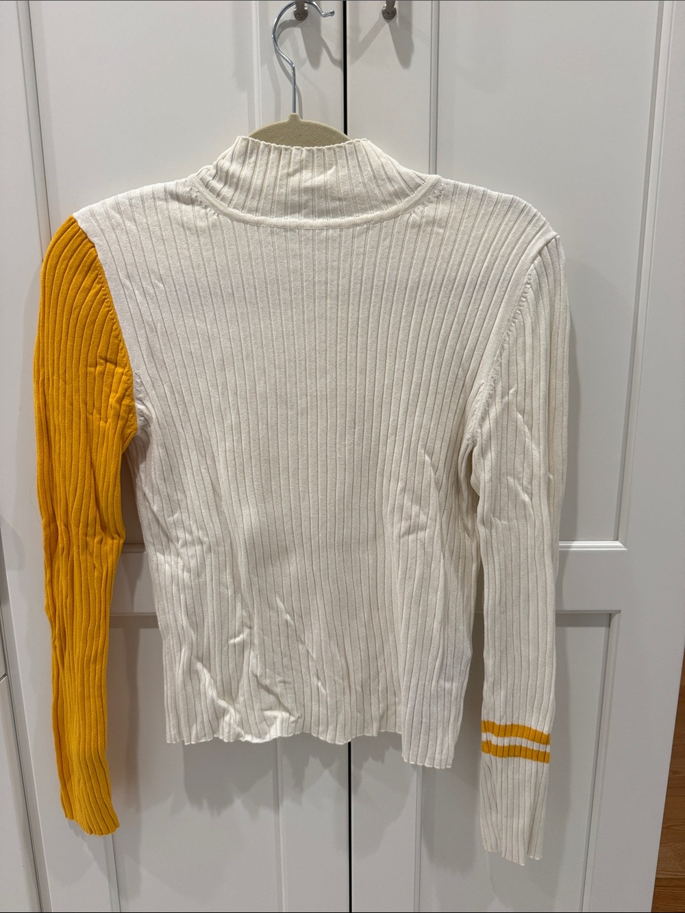 Zara Cream Ribbed Mock Neck Sweater with Mustard Sleeve Detail